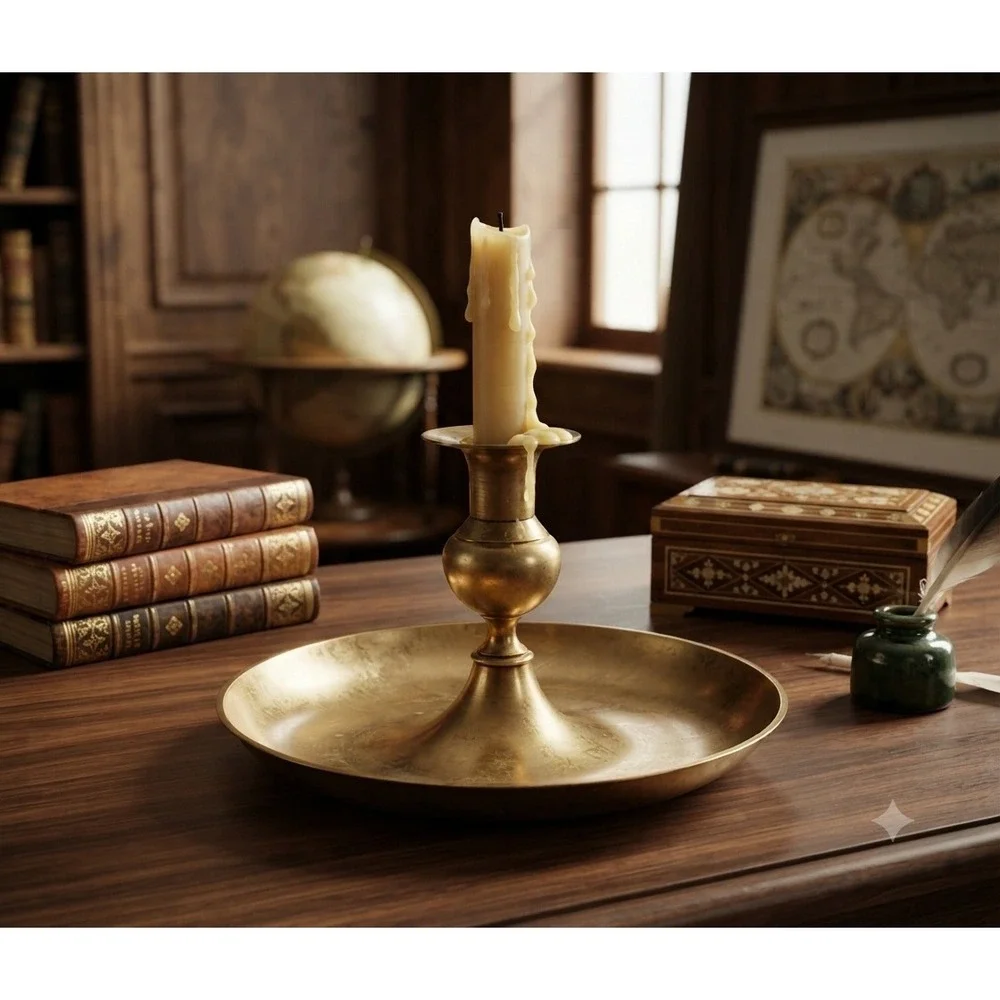 Vintage Solid Brass Chamberstick Taper Candle Holder Wide Saucer Base 8 Inch